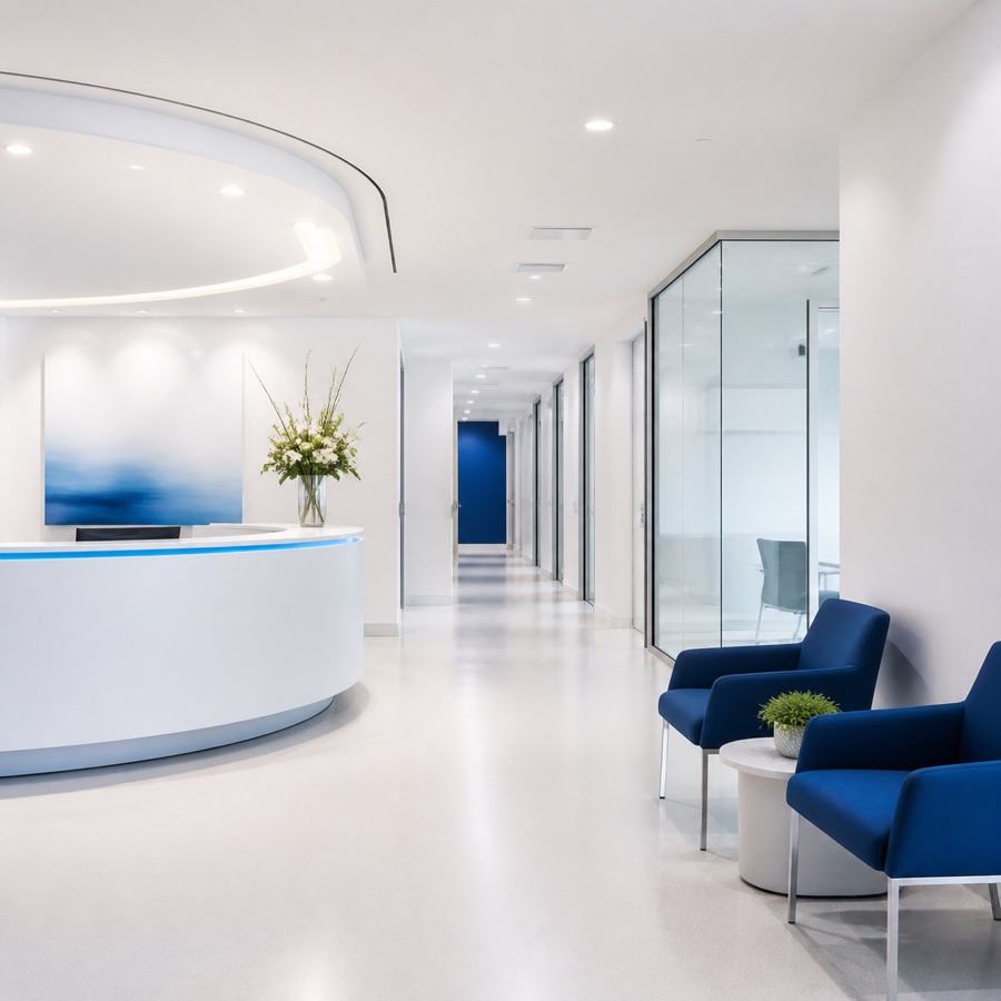 Pristine modern clinic reception with white and blue finishes