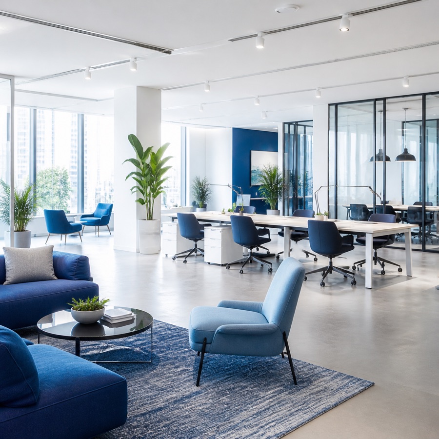 Fresh modern coworking lounge with shared desks and blue seating