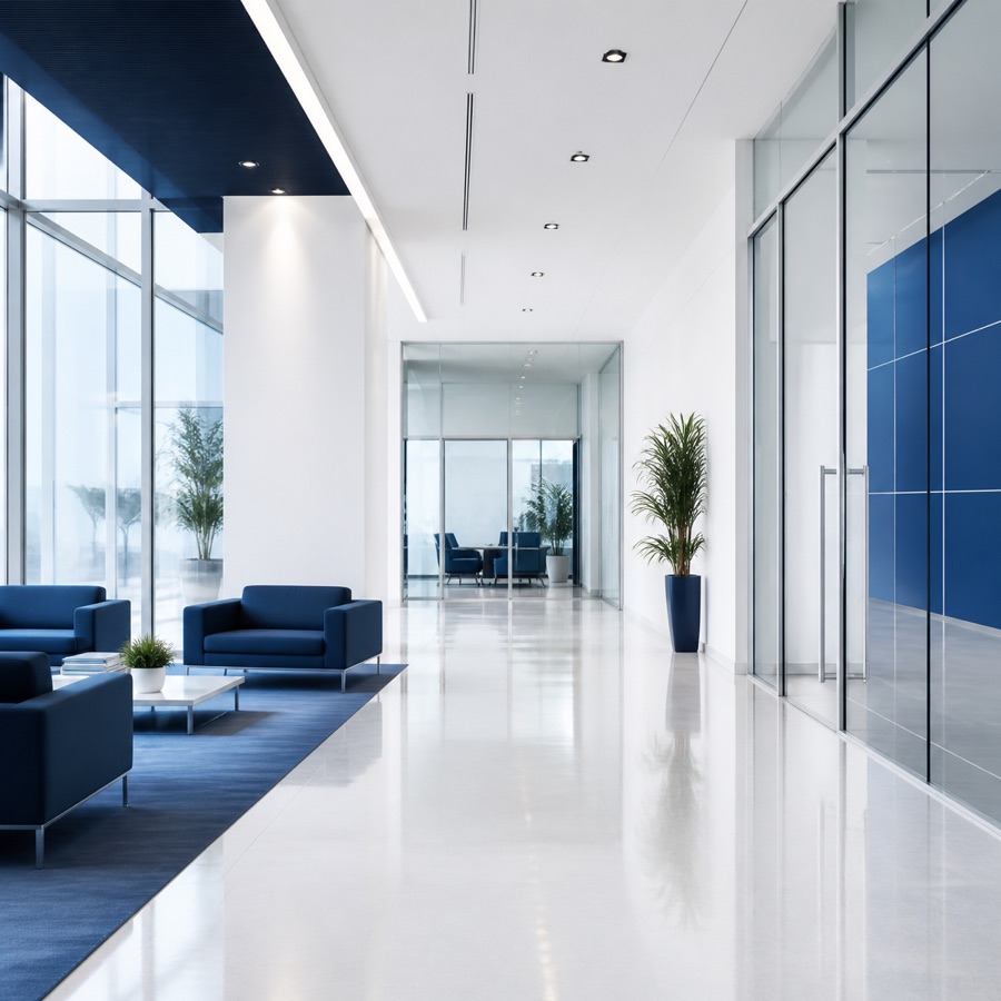 Clean commercial facility lobby and glass-lined corridor