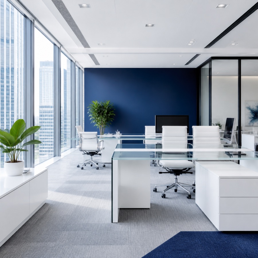 Bright modern office with navy accents and spotless workstations