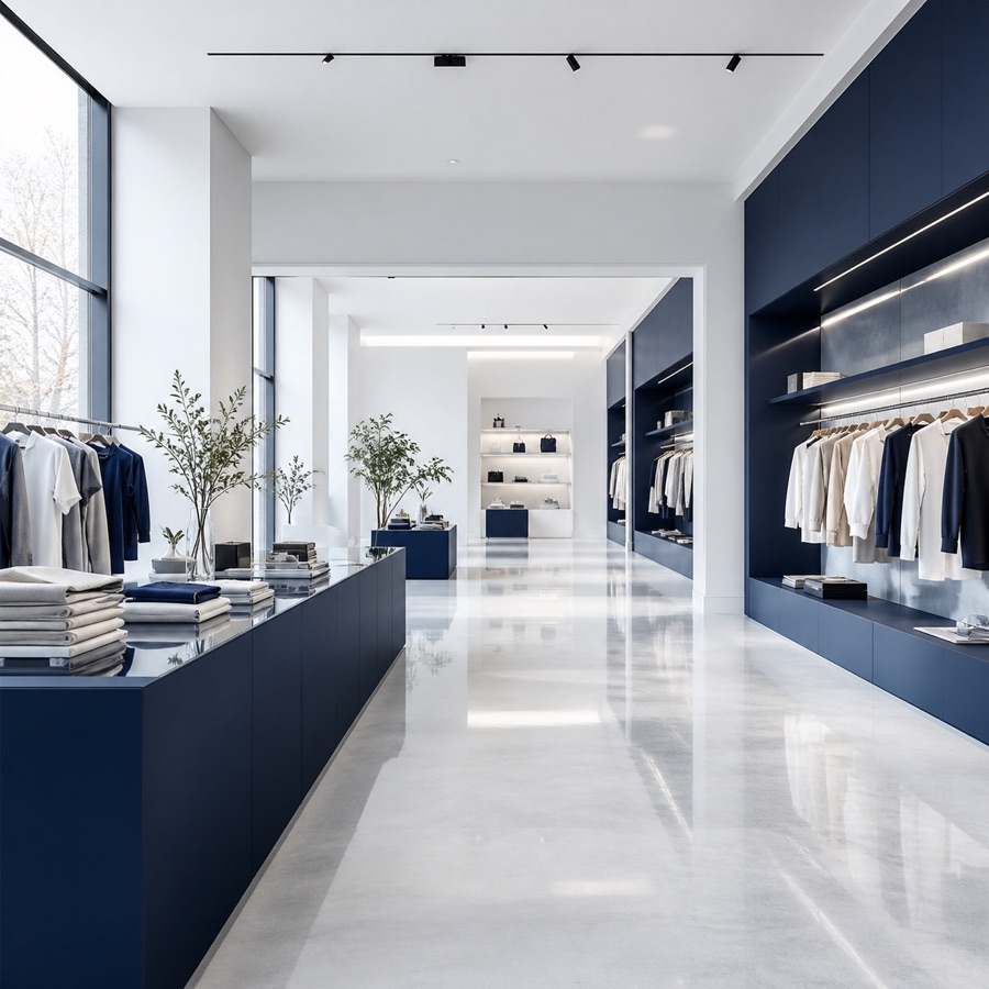 Immaculate contemporary retail showroom with polished floors