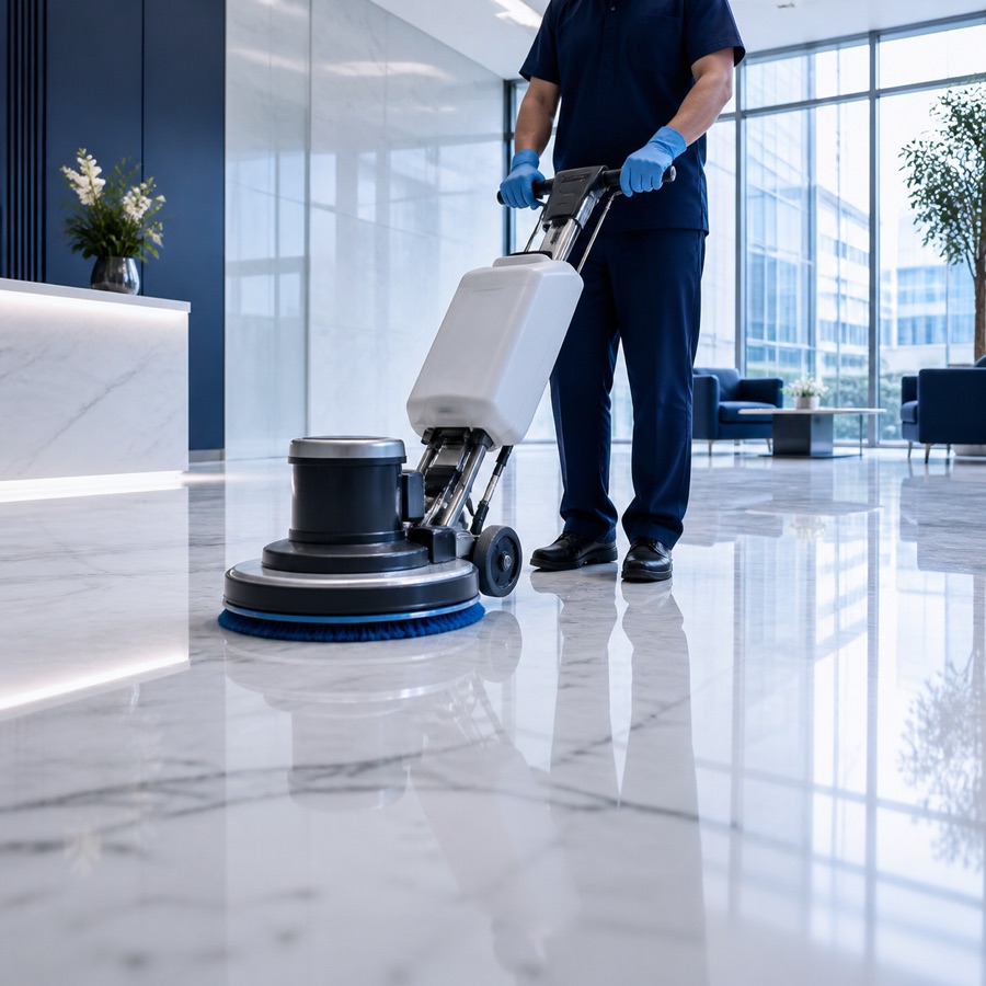 Professional floor-care machine polishing a modern office lobby